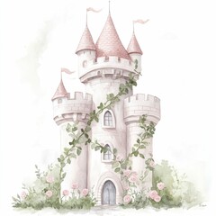 Enchanting watercolor depicting a fairy tale princess tower covered in lush ivy and blooming roses painted with warm soft tones for a dreamy magical atmosphere