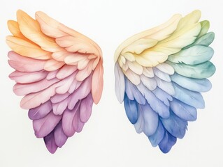 Obraz premium Whimsical watercolor fairy wings with shimmering pastel gradients floating delicately in a dreamlike ethereal composition The wings display a captivating blend of colors and a soft