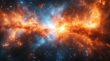 Fototapeta premium Fiery cosmic nebula with blue and orange hues.
