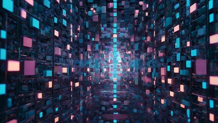 Fototapeta premium Surreal digital dreamscape with floating 3D geometric shapes, glowing grids, and layered light effects in futuristic holographic colors. 