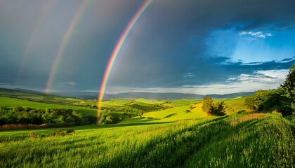 A vibrant rainbow arcing over a lush green countryside after a storm.