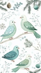 Naklejka premium Winter boho pattern of icy peace doves, pastel greens and blues, isolated on white background