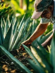 Mexican gardener carefully cutting agave leaves with a machete.