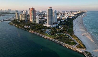 Fototapeta premium Aerial Miami skyscraper. Aerial Miami south beach. Cityscape landscape of South Beach. Luxury view. Florida panorama. Skyscraper architecture of Miami. Miami South beach landscape aerial view