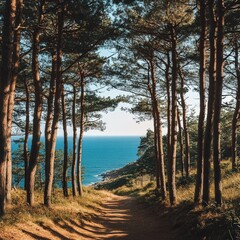 Obraz premium pine forest leading to a breathtaking sea view.