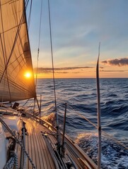 sailboat sailing on the ocean as the sun sets in the background.