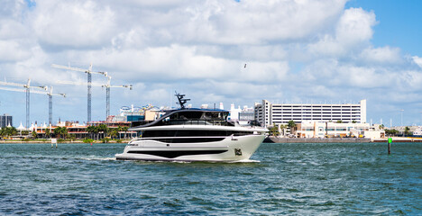 Luxury yacht at Miami port. Boating and yachting charter. Luxury lifestyle. Vacation on summer....