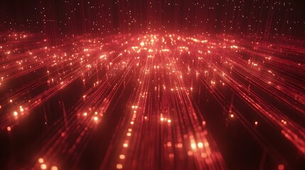A futuristic digital system where fiber optic cables interconnect, transmitting data at lightning speeds through glowing light beams