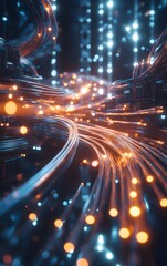 A detailed installation scene where fiber optic cables are being carefully set up for highspeed data transmission in a modern network hub