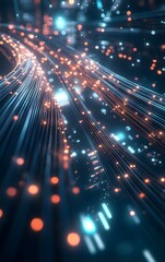 Obraz premium Fiber optic cables symbolizing the next step in technology innovation, weaving through an advanced digital city, carrying fast data in all directions