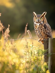 Obraz premium elegant owl perched on a fence in the countryside, with a backdrop of green fields and tall grasses