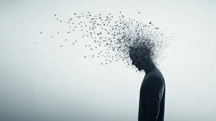 Disintegrating Mind:  A poignant silhouette of a person, their head dissolving into a swarm of fragmented thoughts, symbolizing mental struggle and disintegration.