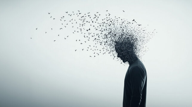Disintegrating Mind:  A poignant silhouette of a person, their head dissolving into a swarm of fragmented thoughts, symbolizing mental struggle and disintegration.