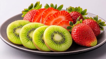 A plate of sliced kiwis and strawberries arranged for presentation.