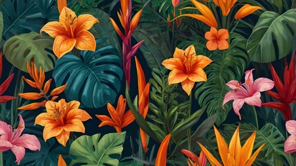 A vibrant botanical illustration showcasing a variety of tropical plants and exotic flowers, rendered in a modern, flat design with bold, contrasting colors,Generative Ai
