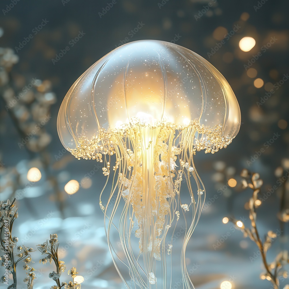 Wall mural jellyfish with glowing light surrounding its delicate form.