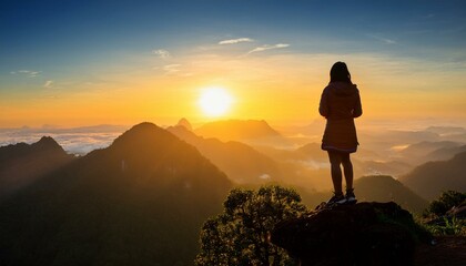 An inspiring shot of a sunrise over a mountain range with a person standing on a peak.