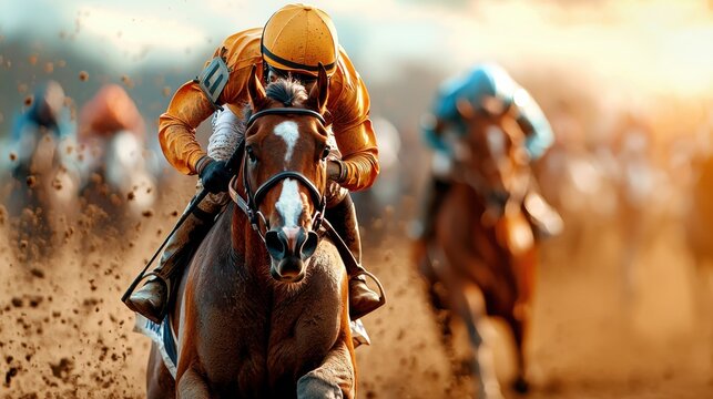 Horses Sprinting on Dirt Track in Vibrant Environment