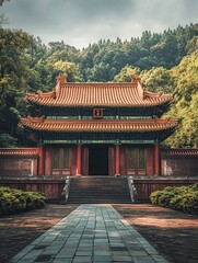 Fototapeta premium Chinese palace from the imperial era, showcasing the intricate carvings on the palace's doors,