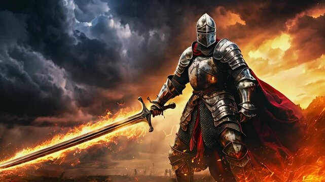 Medieval Knight in Battle
"A valiant knight in shining armor, holding a glowing sword, standing in the midst of an intense battle with mythical creatures under a stormy sky."