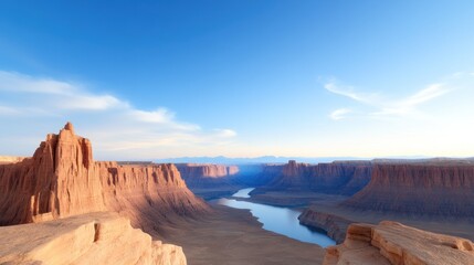 Scenic view of a canyon with a river under a clear blue sky.