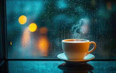 Obraz premium Rainy Night Coffee: Warmth and Comfort by the Window
