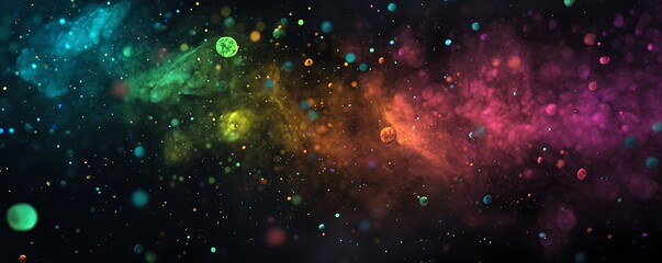 Abstract floating particles illuminated by neon light beams in digital space 