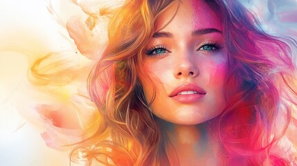 Colorful portrait of a beautiful woman with flowing hair.