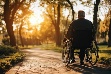 Elderly person in wheelchair, sunset park path.