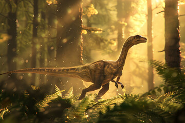 3D rendering of a Coelophysis, one of the earliest dinosaurs, in a forest of fir trees with a floor of ferns