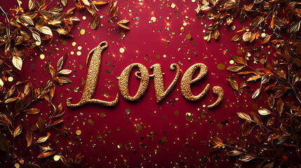Love, surrounded by golden leaves and sparkling confetti on red