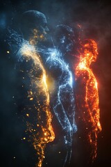 Three figures, ice, fire, transformation, energy, abstract.