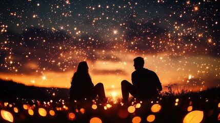 Romantic Silhouette of Couple Against Starry Night Sky Background