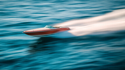 sleek speedboat glides swiftly across shimmering water, creating dynamic waves and sense of exhilaration. vibrant colors and motion capture thrill of boating