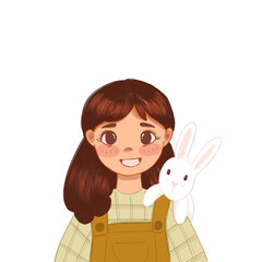 Cute girl with bunny illustration. Smile kids character with bunny for print, sticker, element, design, etc.