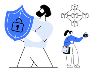 Man holding large protective shield with lock, woman holding goods while shopping, connected blocks structure. Ideal for security, technology, digital transactions, blockchain, online protection
