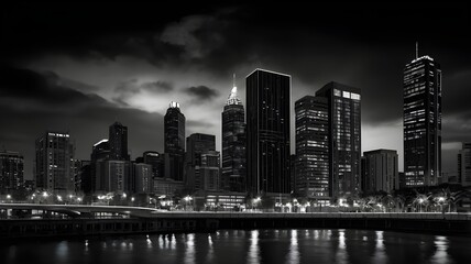 A contemporary black and white photograph capturing an urban cityscape with dramatic lighting and high contrast, emphasizing architectural details,Generative Ai
