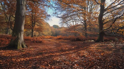 Obraz premium A beautiful autumn landscape with golden leaves covering the ground and trees in vibrant shades of orange and red.