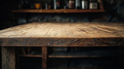 a close-up shot of a vintage wooden table or shelf in an empty