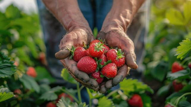 A close-up of hands holding freshly picked organic strawberries