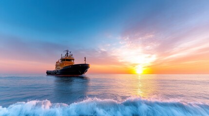 A tugboat at sunset on calm waters, highlighting maritime activity.