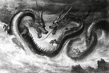 Obraz premium Two dragons clashing amidst turbulent waves.