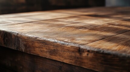 a close-up shot of a vintage wooden table or shelf in an empty