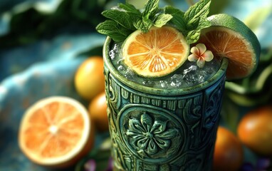 Refreshing Tropical Cocktail in Ornate Tiki Mug with Citrus and Mint Garnish