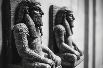 Fototapeta premium Ancient stone statues, seated, detailed carvings.