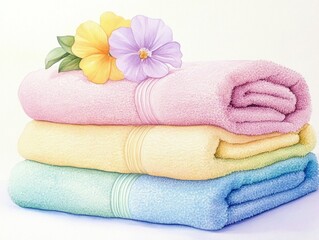 Whimsical and inviting watercolor painting of a stack of soft fluffy spa towels in pastel colors with a delicate flower resting on top creating a serene and calming bathroom or spa like atmosphere