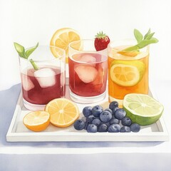 Vibrant watercolor showcasing a tray of freshly prepared fruit infused beverages and herbal drinks in a serene spa or wellness setting  The arrangement features a variety of citrus slices berries