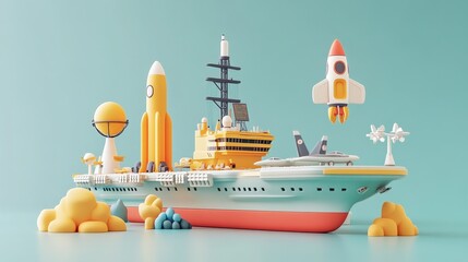 Naklejka premium A 3D rendering of a pop art blind box character design featuring an aircraft carrier, a rocket taking off, a satellite, and an unmanned aircraft. 