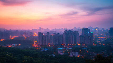 Obraz premium stunning skyline view of modern urban city at dusk, showcasing tall buildings illuminated by city lights against colorful sky. atmosphere is serene and captivating