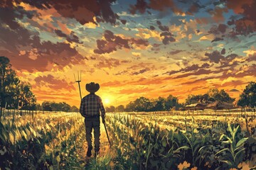 Fototapeta premium Farmer Walks Through Field at Sunset